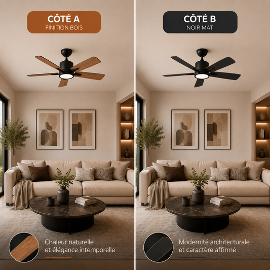 Saphyr Noir Bois 42” – Ventilateur plafond LED silencieux réversible
