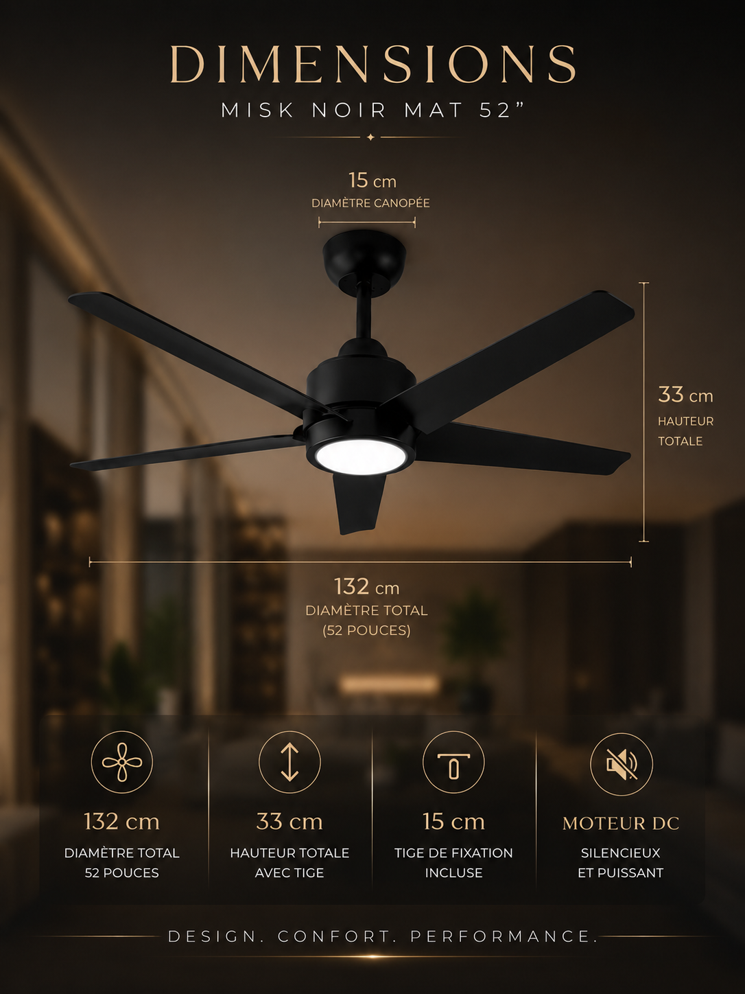 Misk Noir Mat 52” – Ventilateur plafond LED silencieux réversible