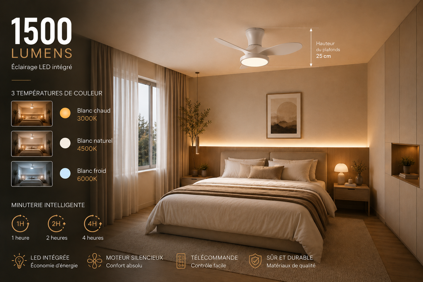ALNassim Blanc Mat 32" - Ventilateur plafond LED silencieux réversible