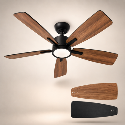 Saphyr Noir Bois 42” – Ventilateur plafond LED silencieux réversible