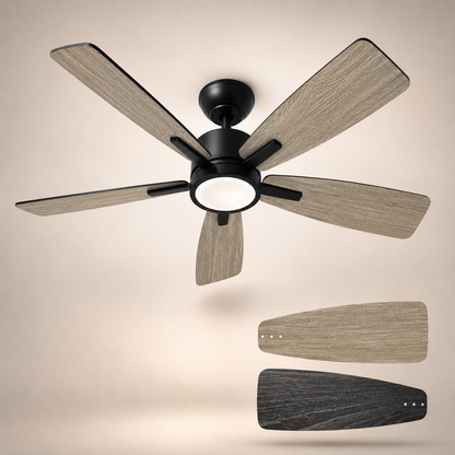 Saphyr Chêne Clair & Noir 42” – Ventilateur plafond LED silencieux réversible
