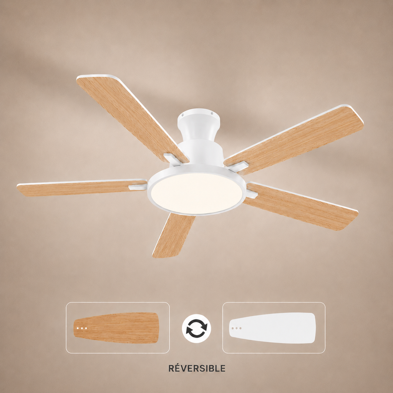 Zayna White Wood 52” – Ventilateur de plafond LED silencieux réversible