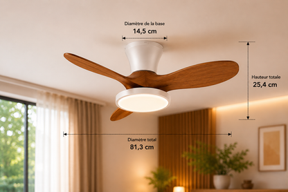 ALNassim  Bois Clair 32” – Ventilateur plafond LED silencieux réversible