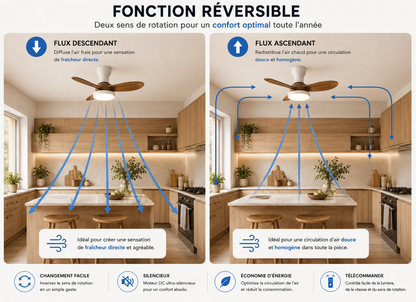 ALNassim  Bois Clair 32” – Ventilateur plafond LED silencieux réversible