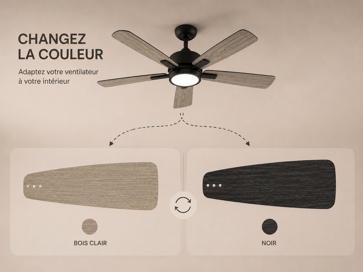 Saphyr Chêne Clair & Noir 42” – Ventilateur plafond LED silencieux réversible