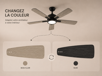 Saphyr Chêne Clair & Noir 42” – Ventilateur plafond LED silencieux réversible