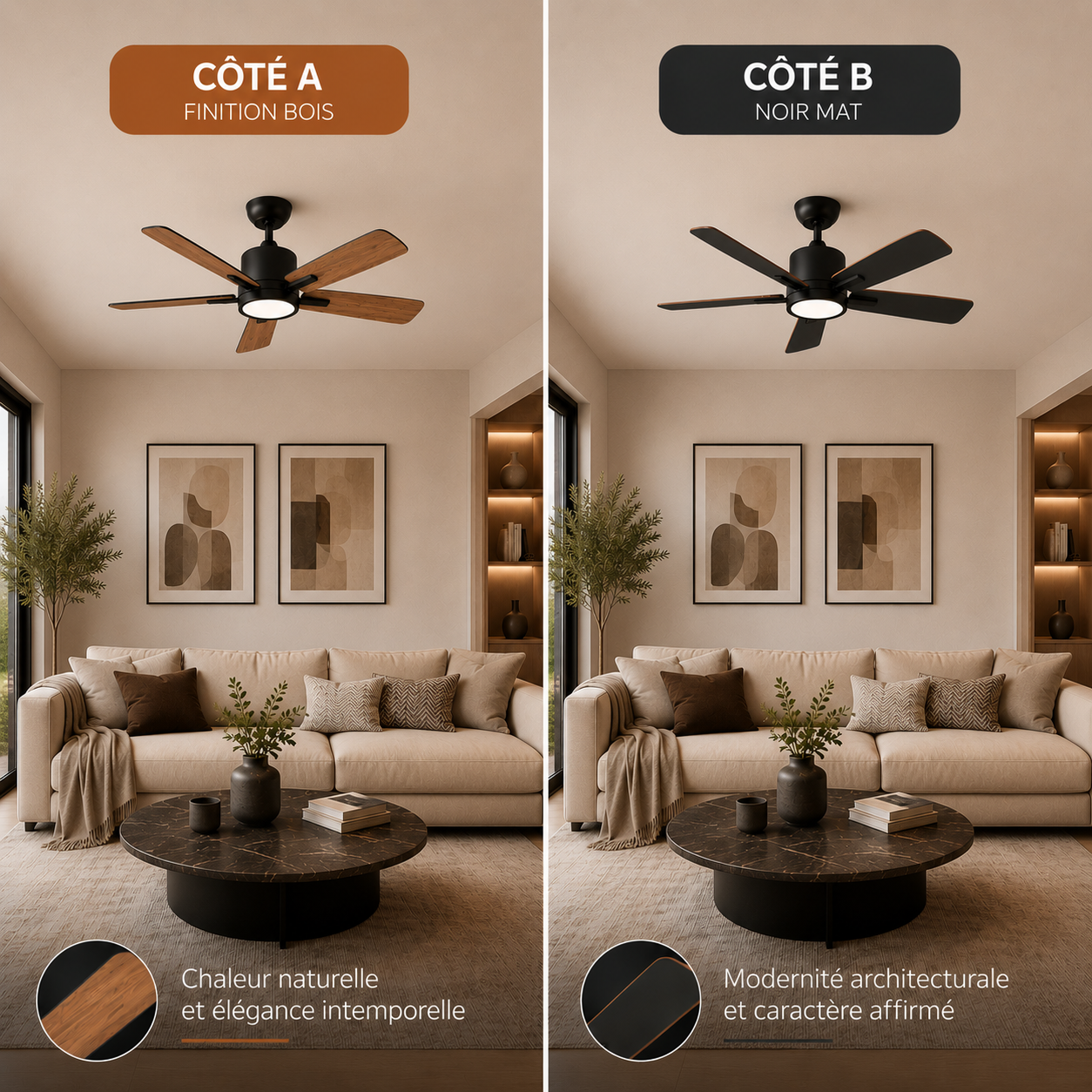 Saphyr Noir Bois 42” – Ventilateur plafond LED silencieux réversible