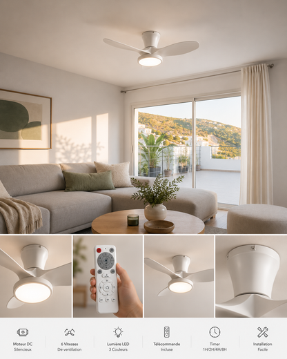 ALNassim Blanc Mat 32" - Ventilateur plafond LED silencieux réversible