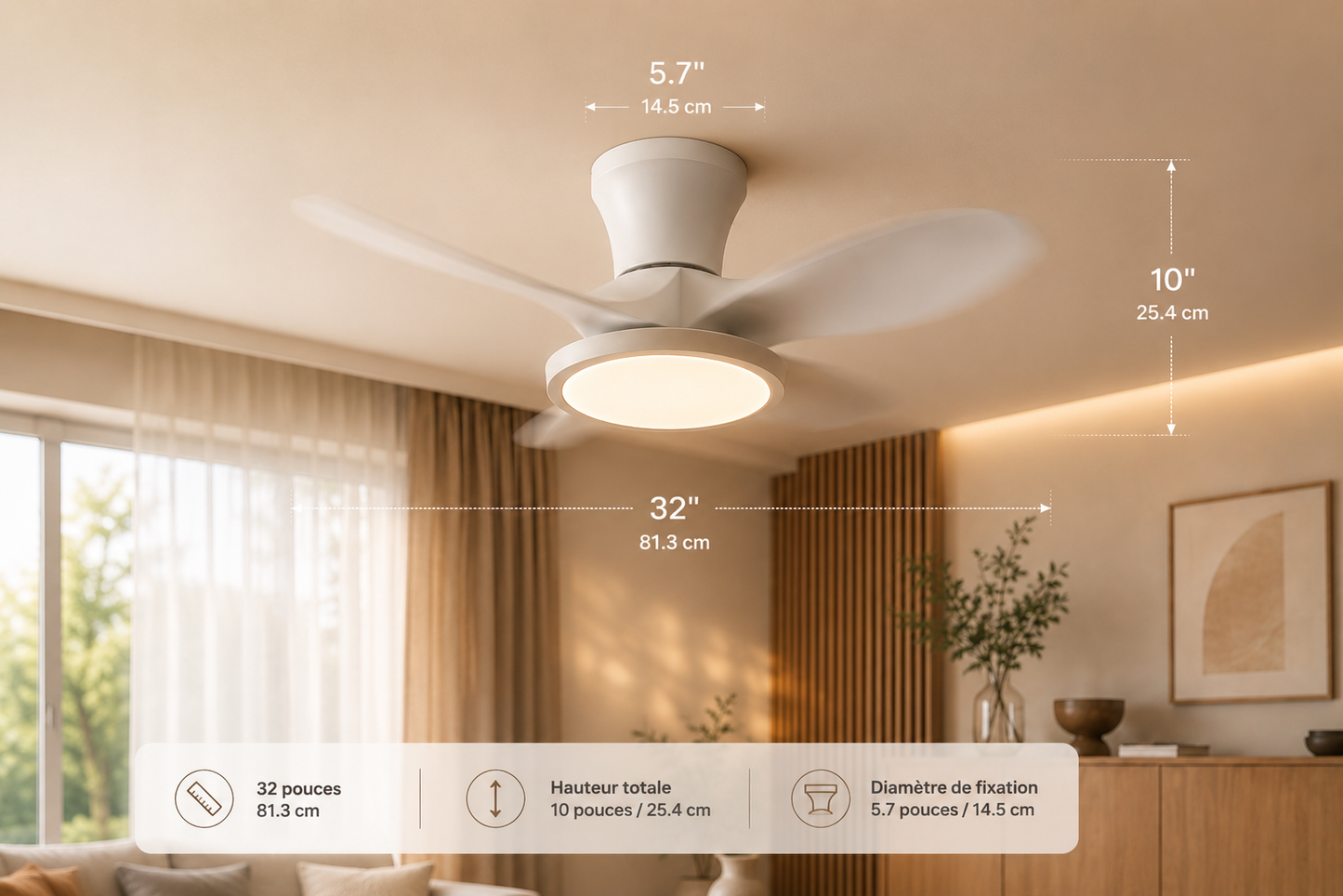 ALNassim Blanc Mat 32" - Ventilateur plafond LED silencieux réversible