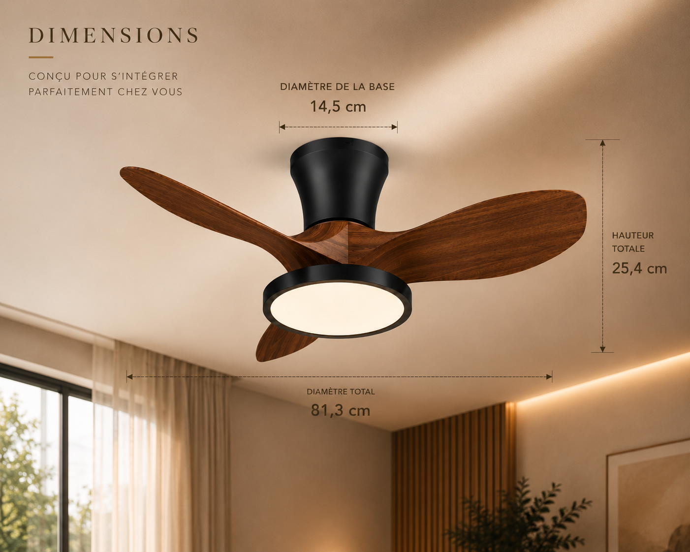 ALNassim Bois Foncé 32” – Ventilateur plafond LED silencieux réversible