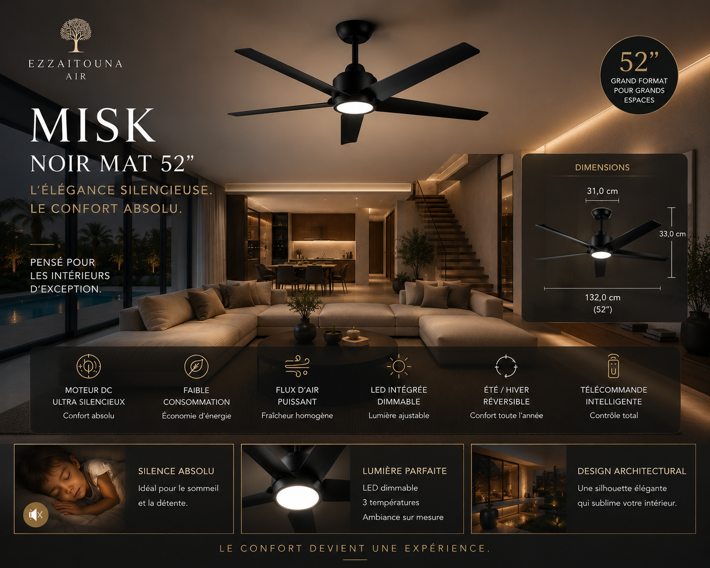 Misk Noir Mat 52” – Ventilateur plafond LED silencieux réversible