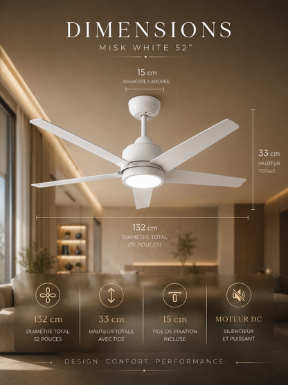 Misk White 52" – Ventilateur de plafond LED silencieux réversible