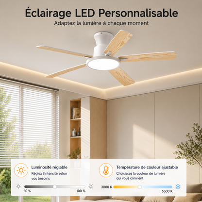 Zayna White Wood 52” – Ventilateur de plafond LED silencieux réversible