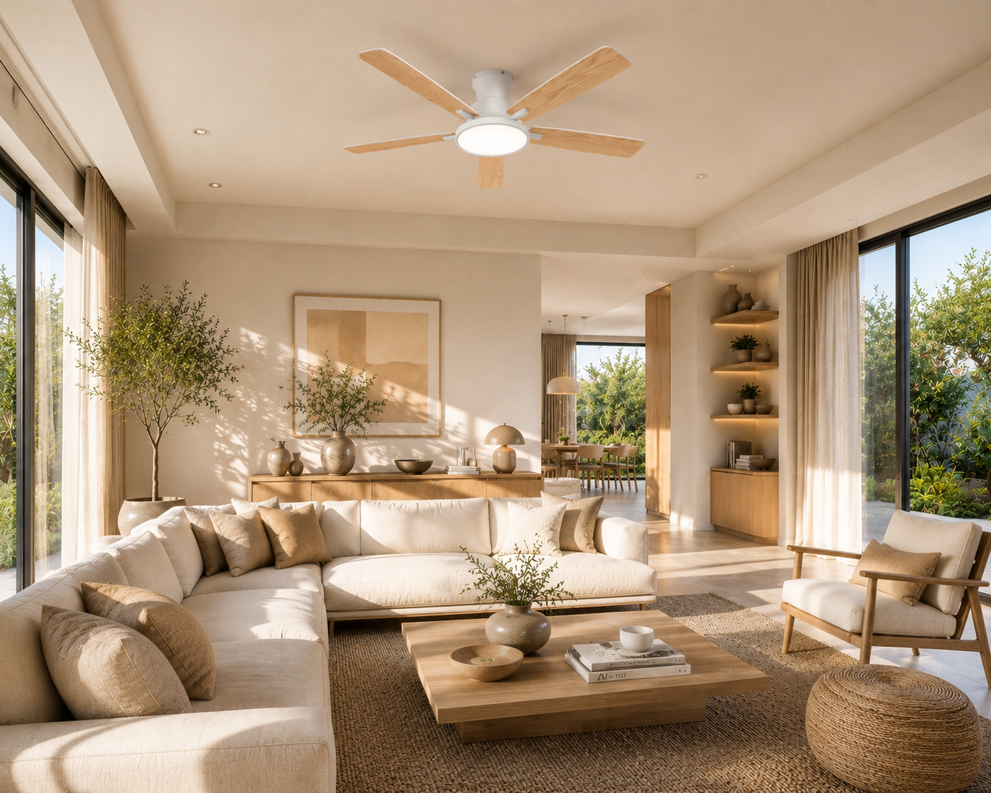 Zayna White Wood 52” – Ventilateur de plafond LED silencieux réversible