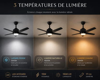 Misk Noir Mat 52” – Ventilateur plafond LED silencieux réversible