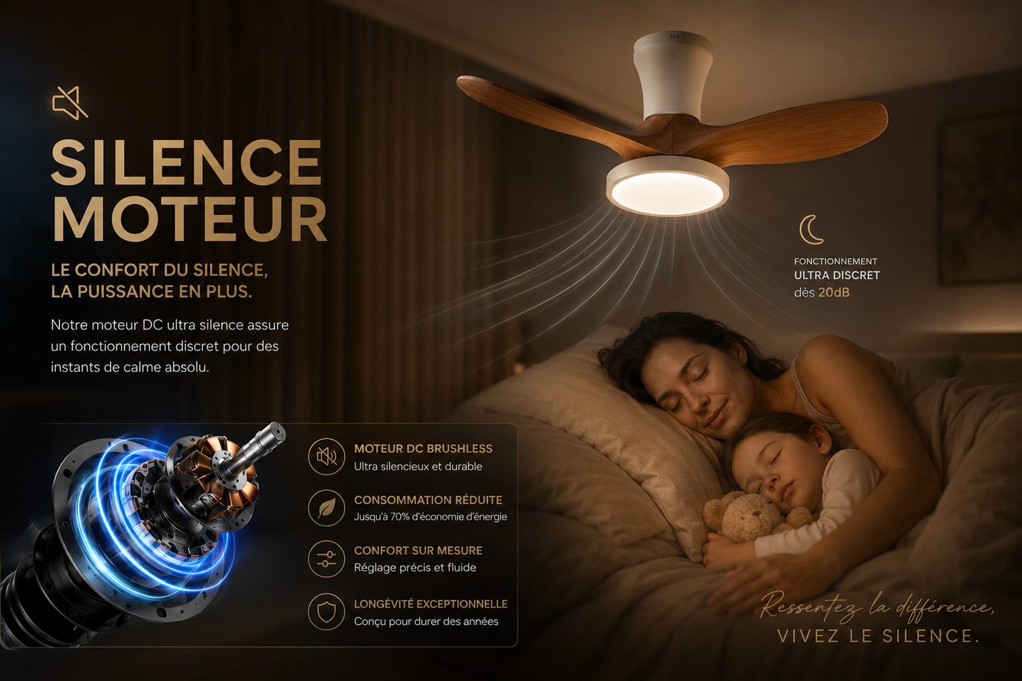 ALNassim  Bois Clair 32” – Ventilateur plafond LED silencieux réversible