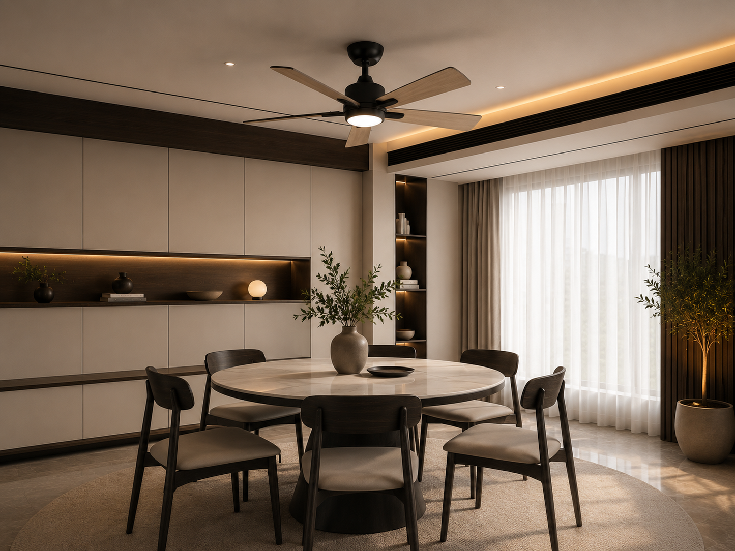Saphyr Chêne Clair & Noir 42” – Ventilateur plafond LED silencieux réversible