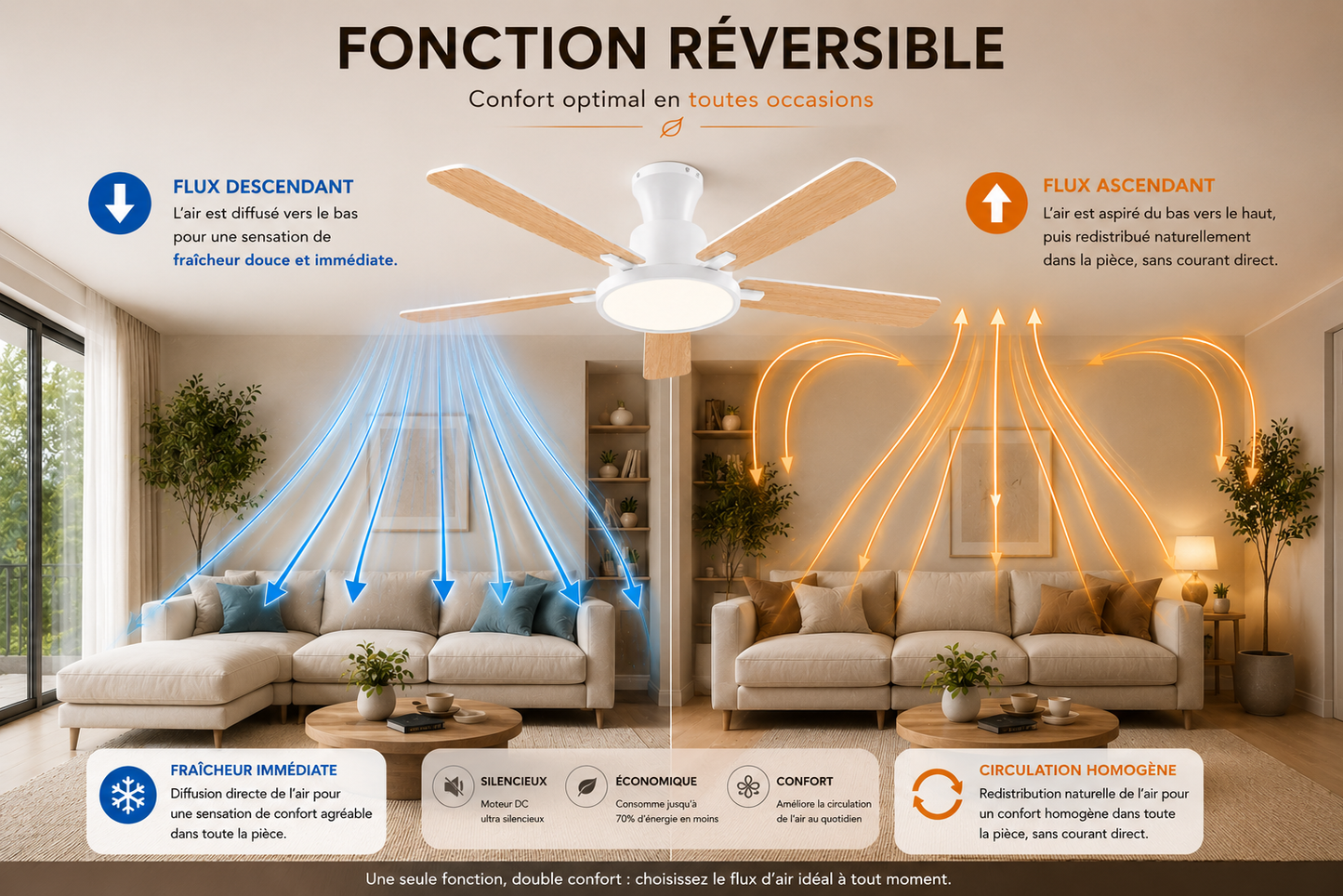 Zayna White Wood 52” – Ventilateur de plafond LED silencieux réversible