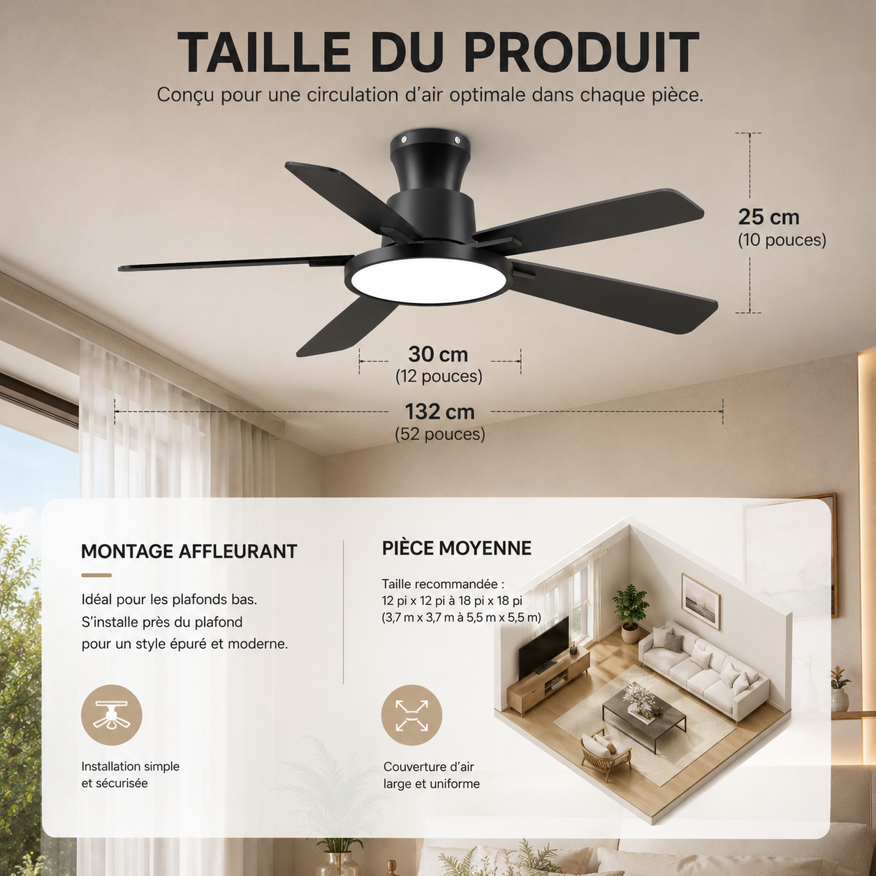 Zayna Bois & Noir 52” – Ventilateur de plafond LED silencieux réversible