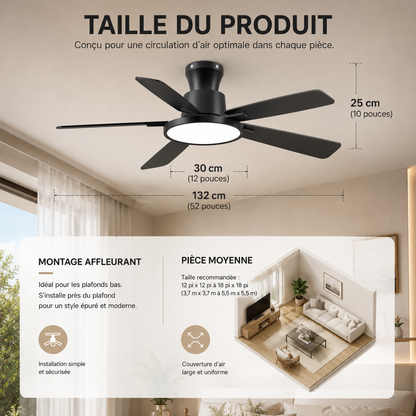 Zayna Bois & Noir 52” – Ventilateur de plafond LED silencieux réversible