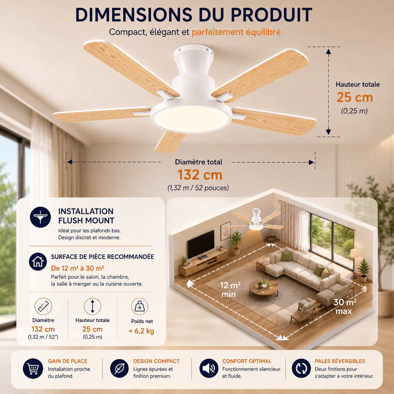 Zayna White Wood 52” – Ventilateur de plafond LED silencieux réversible