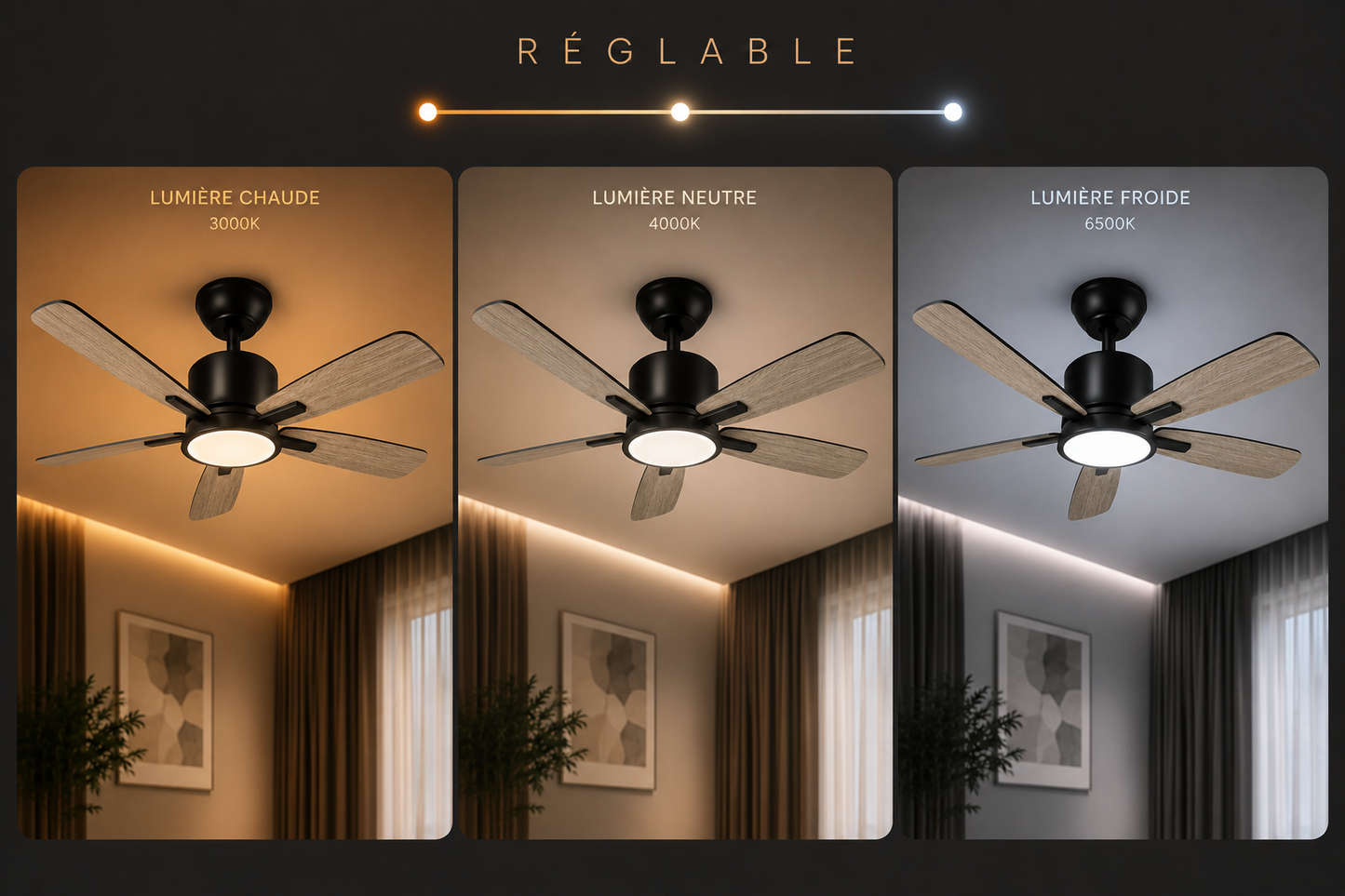 Saphyr Chêne Clair & Noir 42” – Ventilateur plafond LED silencieux réversible