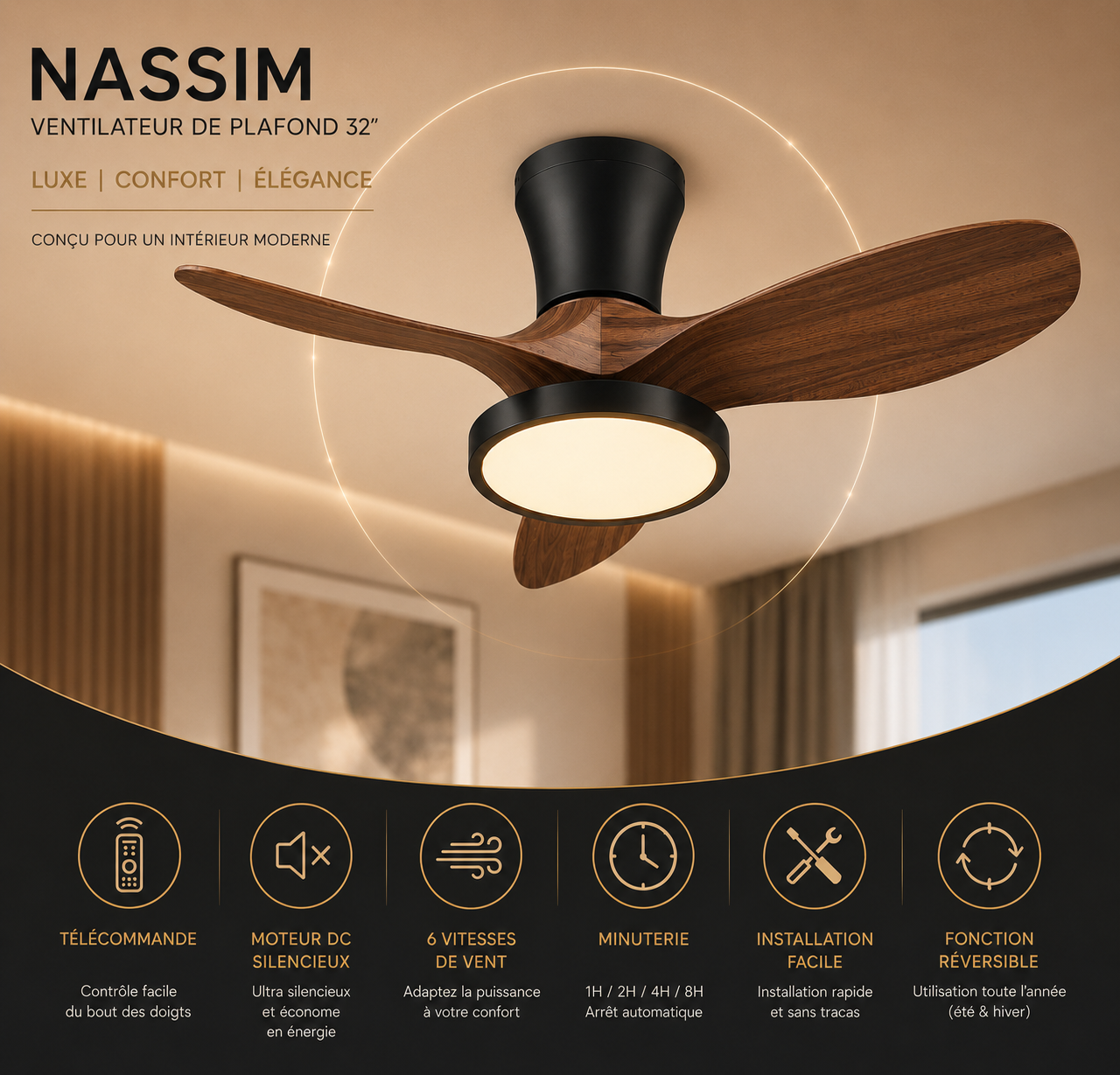 ALNassim Bois Foncé 32” – Ventilateur plafond LED silencieux réversible