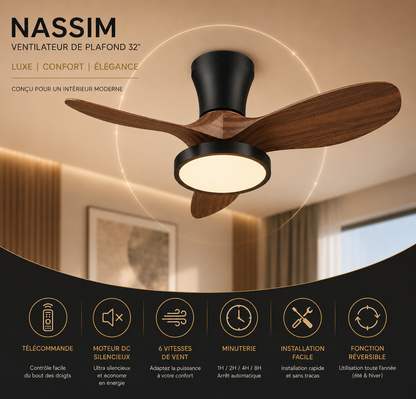 ALNassim Bois Foncé 32” – Ventilateur plafond LED silencieux réversible