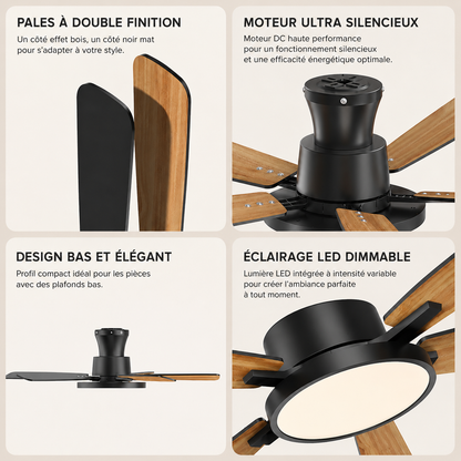 Zayna Bois & Noir 52” – Ventilateur de plafond LED silencieux réversible